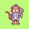 cute monkey wearing skeleton halloween costume and carrying lollipop