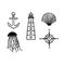 Cute monochrome nautical lineart cartoon vector illustration motif set. Hand drawn isolated anchor, lighthouse, jellyfish and