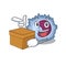 Cute monocyte cell cartoon character having a box