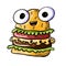 Cute monster burger on an isolated white background. Fast food with eyes, junk food. Design for poster, print, kids menu. Digital