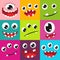 Cute monster faces with eyes, fangs. Cartoon, kind, smiling, expressive, funny facial expressions. Color, bright, vector flat