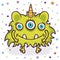 Cute monster, funny cartoon character, colorful hand drawing. Cheerful green fluffy fairy tale creature smiling with many eye,