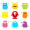 Cute monster icon set. Happy Halloween. Cartoon colorful scary funny character. Eyes, tongue, hands up. Funny baby collection. Whi