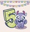 Cute monster with number five birthday card