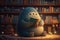 cute monster reads in cozy library, surrounded by towering bookshelves and warm lighting