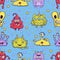 Cute monster seamless pattern, funny cartoon character print, children`s decor, fabric, textile design. Cheerful colorful fairy cr