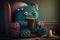 cute monster sits in cozy armchair, reading book with cup of tea
