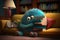 cute monster snuggling with stack of books, on cozy couch in warm and inviting room