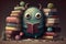 cute monster surrounded by collection of different books, each one with its own unique cover