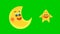 Cute moon and star cartoon smiling animation on green screen background. looped animation