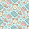 Cute morning vector seamless pattern with cake, heart, cup, notebook and alarm clock. Home elements background.