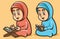 Cute moslem hijab girls reading quran books illustration