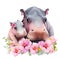Cute mother hippo and baby with pink flowers watercolor Illustration isolated on white. Generative AI