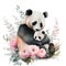 Cute mother panda with baby with pink flowers watercolor Illustration isolated on white. Generative AI