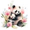 Cute mother panda with baby with pink flowers watercolor Illustration isolated on white. Generative AI