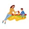 Cute mother playing in sandbox with her son. Vector illustration in flat cartoon style.