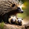 Cute mother porcupine with her baby - ai generated image