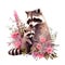 Cute mother racoon with baby with pink flowers watercolor Illustration isolated on white . Generative AI