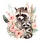 Cute mother racoon with baby with pink flowers watercolor Illustration isolated on white. Generative AI