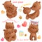 Cute mothers day isolated clipart with funny bears mom and her cubs, hearts, honey, cakes. It`s about love. Use for