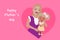 Cute mothers day poster, blonde girl hugging her little daughter, flat style, modern illustration, textile print