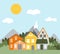 Cute mountain houses with windows, doors, chimneys. Summer landscape with hills and trees. Color vector flat stock illustration