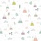 Cute mountains, plants and flower landscape seamless pattern