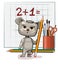 Cute Mouse baby is trying to count. Studying numbers and counting. Funny animal kid. Stationery and pencil. Writes in