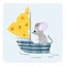 Cute mouse on the boat with cheese sail.