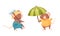 Cute Mouse Character with Rake and Jumpsuit Gardening and Walking with Umbrella Vector Set