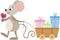 Cute mouse eating lollipop pulling wooden small cart with gifts