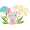 Cute mouse in flower garden, funny animal cartoon character vector Illustration on a white background