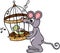 Cute mouse holding cage with singing bird