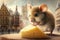 cute mouse nibbling on piece of cheese, with view of bustling market in the background