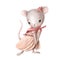 Cute mouse in pink dress, watercolor illustration, animal clipart with cartoon character
