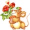 cute mouse with rose. watercolor illustration