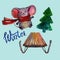 Cute mouse with sleds. watercolor mouse in a red scarf. watercolor Christmas tree and stars. lettering the words winter