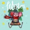 Cute mouse with sleds. watercolor mouse in a red scarf. watercolor Christmas tree and stars. lettering the words winter