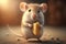 cute mouse standing on its hind legs, nibbling cheese wedge with its front paws