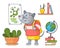 Cute mouse student with backpack near plant in pot, poster, book shelf, globe, stack of books