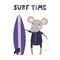 Cute mouse surfer in summer