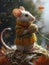 Cute mouse in sweater holding small ball yarn threads