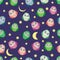Cute multicolored owls at night with stars, clouds and moon. Seamless pattern in cartoon style, childish seamless