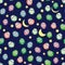 Cute multicolored owls at night with stars, clouds and moon. Seamless pattern in cartoon style, childish seamless