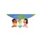 Cute multicultural little kids sitting under the globe and holding it vector Illustration on a white background