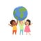 Cute multicultural little kids standing under the Earth globe and holding it, friendship, unity conceptvector