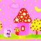 Cute mushroom cottage, dog and garden in a seamless pattern