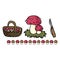 Cute mushroom foraging with basket cartoon vector illustration motif set.