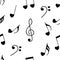 Cute musical notes with hearts on white background seamless pattern. Hand drawn style. Vector illustration