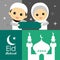 Cute Muslim characters and beautiful mosque